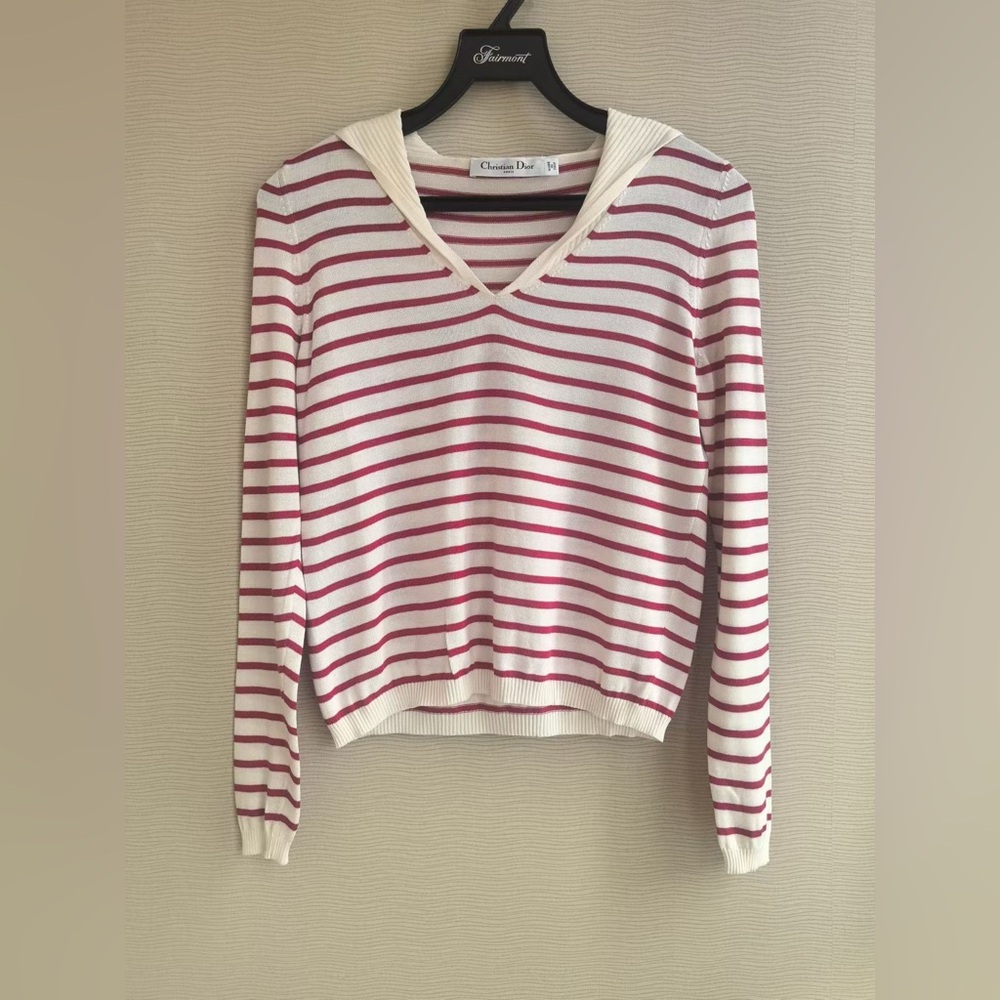 Authentic Dior V-Neck Sweater in Pink and White Stripes